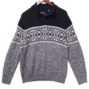 Chaps Fair‎ Isle Knit Sweater Mens M Geometric Mockneck Button Nordic Black Gray